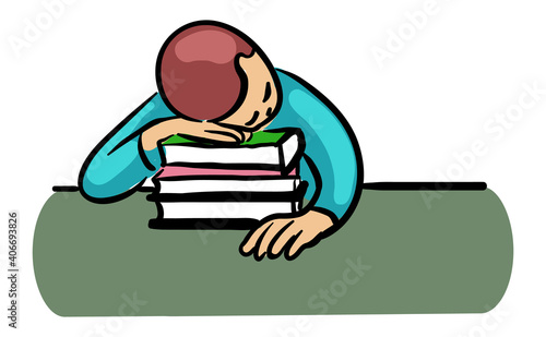 student with head on books asleep