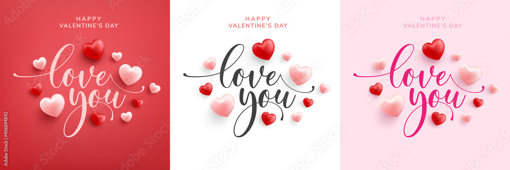 Love word hand drawn lettering and calligraphy with cute heart on red,white and pink background.Valentine's day template or background for Love and Valentine's day concept - obrazy, fototapety, plakaty 
