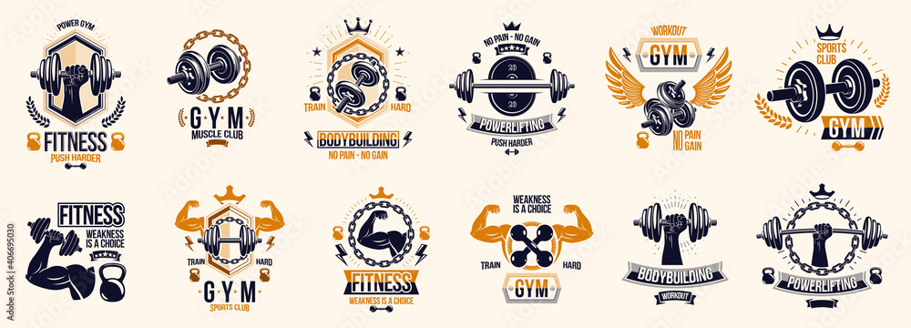 Gym fitness sport emblems and logos vector set isolated with barbells dumbbells kettlebells and muscle body man silhouettes and hands, athletics workout sport club, active lifestyle. - obrazy, fototapety, plakaty 