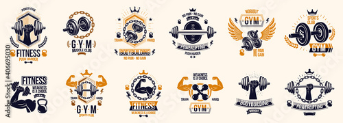 Gym fitness sport emblems and logos vector set isolated with barbells dumbbells kettlebells and muscle body man silhouettes and hands, athletics workout sport club, active lifestyle.