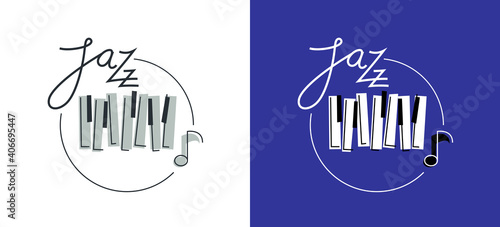 Jazz music emblem or logo vector flat style illustration isolated, grand piano logotype for recording label or studio or musical band.