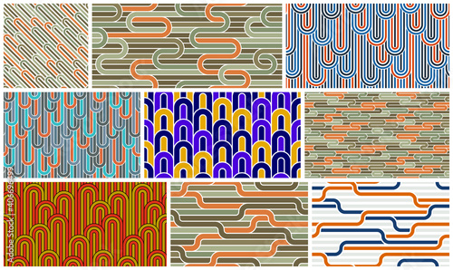 Stripy vector seamless patterns with woven lines, geometric abstract backgrounds set, stripy net, optical maze, web network.