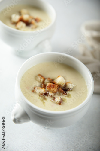 Homemade potato soup with croutons