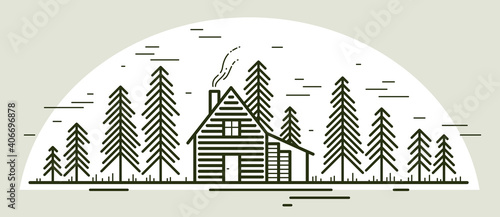 Cabin in woods pine forest linear vector nature illustration isolated on white, log cabin cottage for rest, holidays and vacations theme line art drawing, beauty in nature, woodhouse resort.