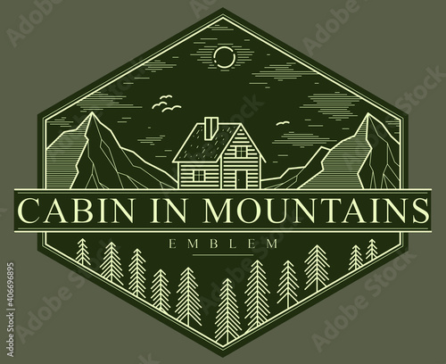Cabin in mountains linear vector nature emblem on dark, log cabin cottage for rest in pine forest, holidays and vacations theme line art drawing logo.