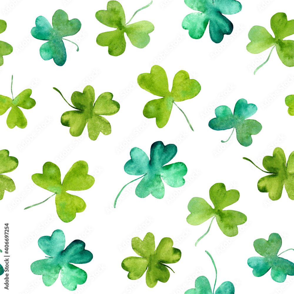Clover leaves watercolor seamless pattern for Saint Patrick day