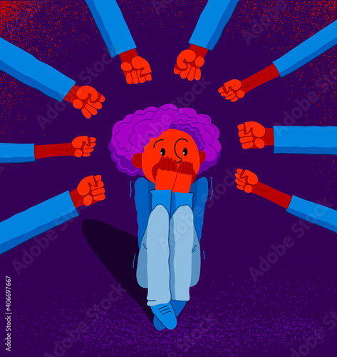 Bullying vector concept, clenched fists threats little scared boy kid victim, psychological abuse, violence against children, problem of cruel behavior in social groups, bad school classmates.