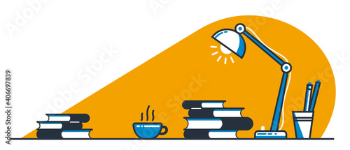 Education or intellectual work concept work desk with books vector flat illustration isolated, study or job, freelance worker workspace, comfortable workplace.