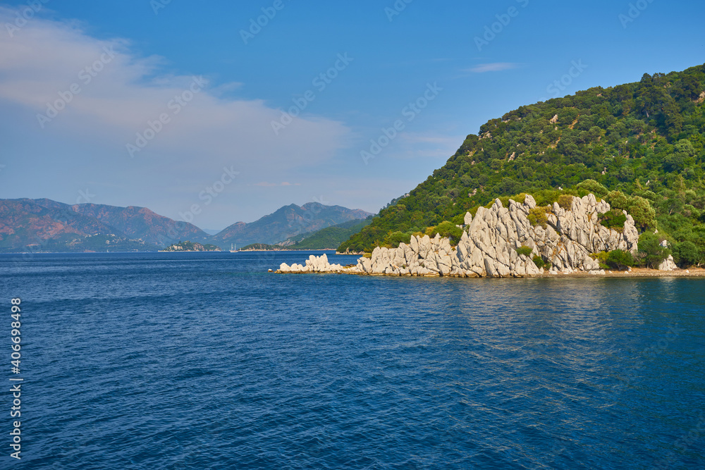 Camellia island near Marmaris in Aegean Sea, blue lagoon and rocky mountains journey trip holiday