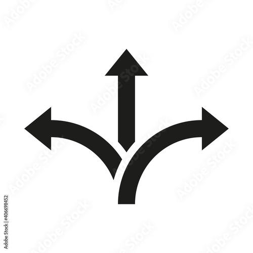 Three way direction sign. Way choice concept. Road arrow icon isolated on white background. Vector illustration.
