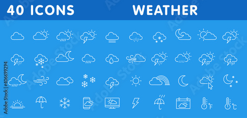 Set of 40 weather web icons in line style. Weather , clouds, sunny day, moon, snowflakes, wind, sun day. Vector illustration.