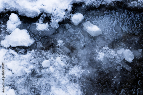 Ice and snow background. Close-up. View from above. Melting ice background
