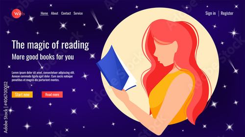 Website design for online learning, library, book store. Woman reading a book. Night sky with stars background.  Vector illustration for poster, banner, website development.