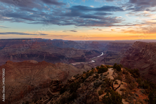 Scenic view of the Grand Canyon and the Colorado River from the Desert View viewpoint  in the Grand Canyon National Park  at sunrise  in the State of Arizona  USA