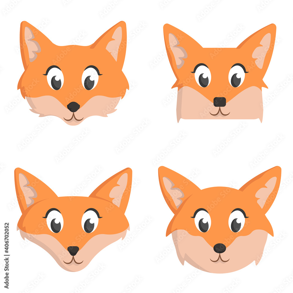 Set of cartoon foxes. Different shapes of animal heads.