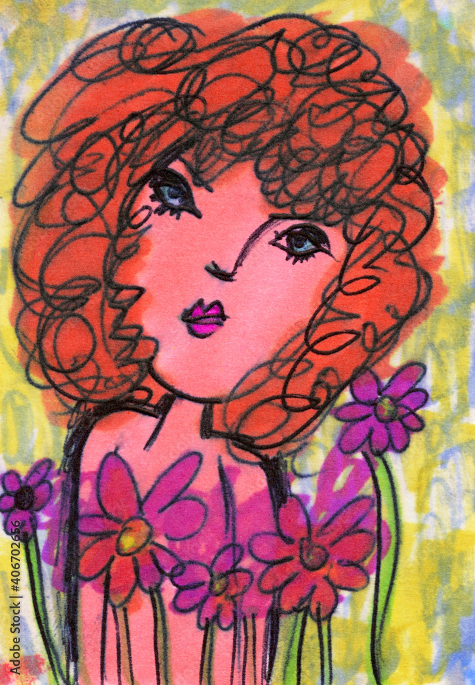 Red Head Lady with Hot Pink Daisies Whimsical Illustration