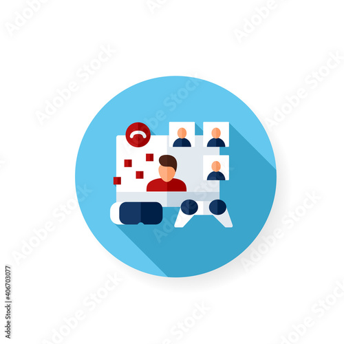 Virtual group play flat icon. Meeting together concept. Internet live streaming website. Social distanced video game party. Video game streaming blogger. Isolated color vector illustration with shadow