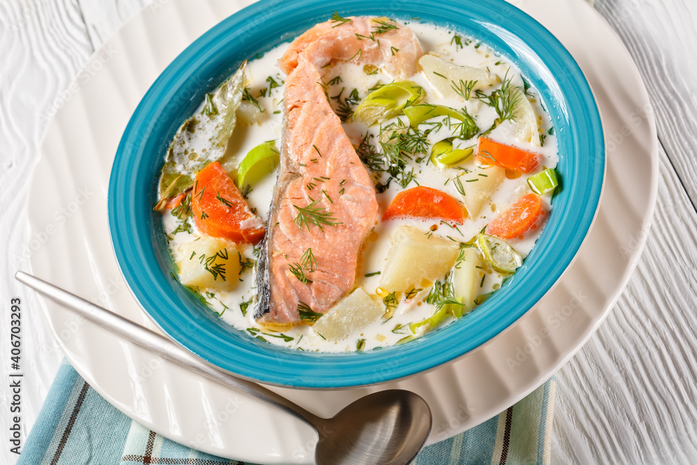 Lohikeitto, salmon fish soup with cream, top view Lohikeitto, salmon fish soup with cream, top view
