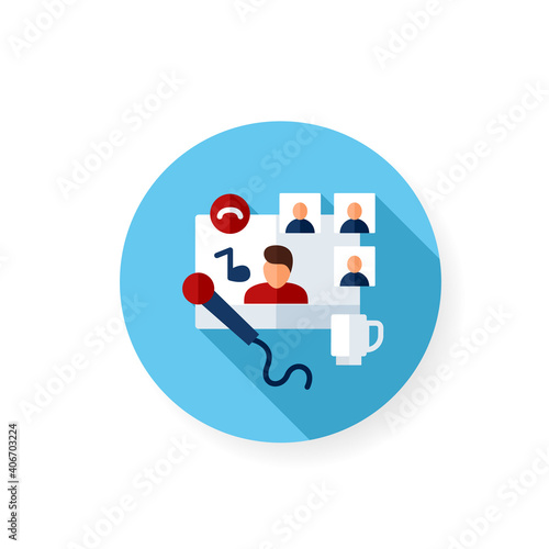 Karaoke meetup flat icon. Meeting together concept. Internet streaming website. Live stream. Social distanced singing party. Remote public event. Isolated color vector illustration with shadow