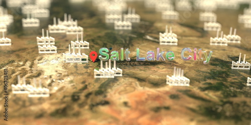 Factory icons near Salt lake city on the map, industrial production related 3D rendering