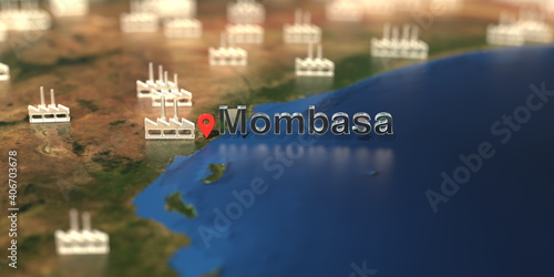 Factory icons near Mombasa city on the map, industrial production related 3D rendering