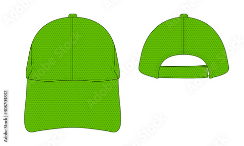 Blank green spacer mesh baseball cap with adjustable hook-loop strap vector for template.