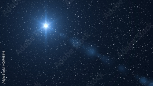 Christmas star of the Nativity of Bethlehem, Nativity of Jesus Christ. Background of the beautiful dark blue starry sky and bright star.