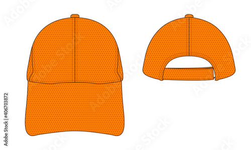 Blank Orange spacer mesh baseball cap with adjustable hook-loop strap vector for template.