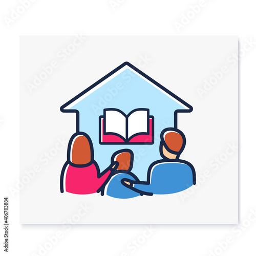 Homeschooling family color line icon. Parents and child spend more time together. Online education concept. Distant remote teaching and homeschooling. Isolated vector illustration 