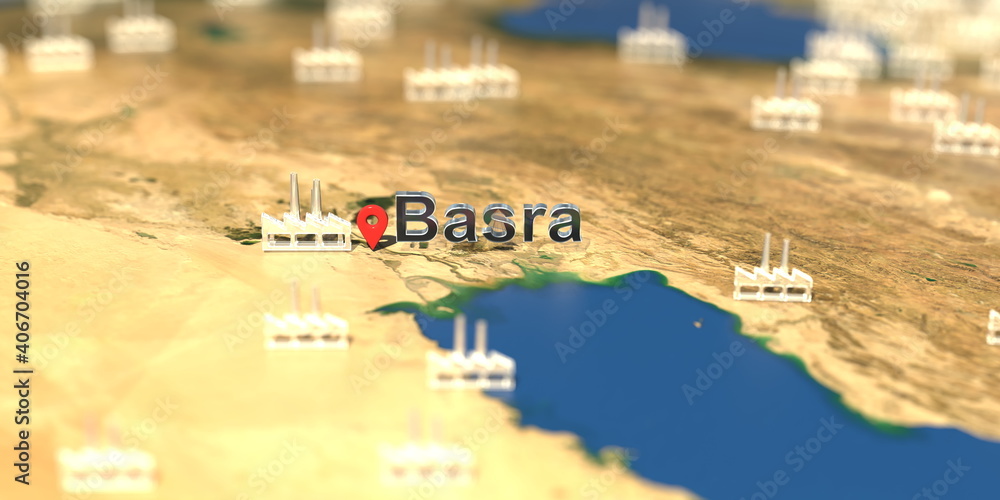 Factory icons near Basra city on the map, industrial production related 3D rendering