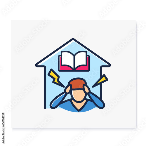  Stress at home color line icon. Dad tired of his child home learning. Online education concept. Distant remote teaching and homeschooling. Isolated vector illustration 