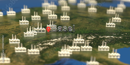 Basel city and factory icons on the map, industrial production related 3D rendering
