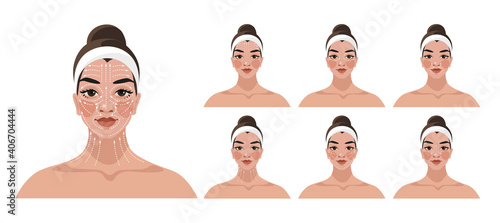 Step-by-step instructions for face and neck massage, face rejuvenation, lifting, anti-aging cosmetic care for women. Scheme of massage lines. Cartoon vector illustration isolated on white background.