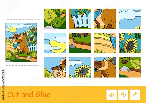 Puzzle game for young children with the image of cute bull grazing near the yard. Livestock, cattle breeding and farming. Cut and glue developmental activity.