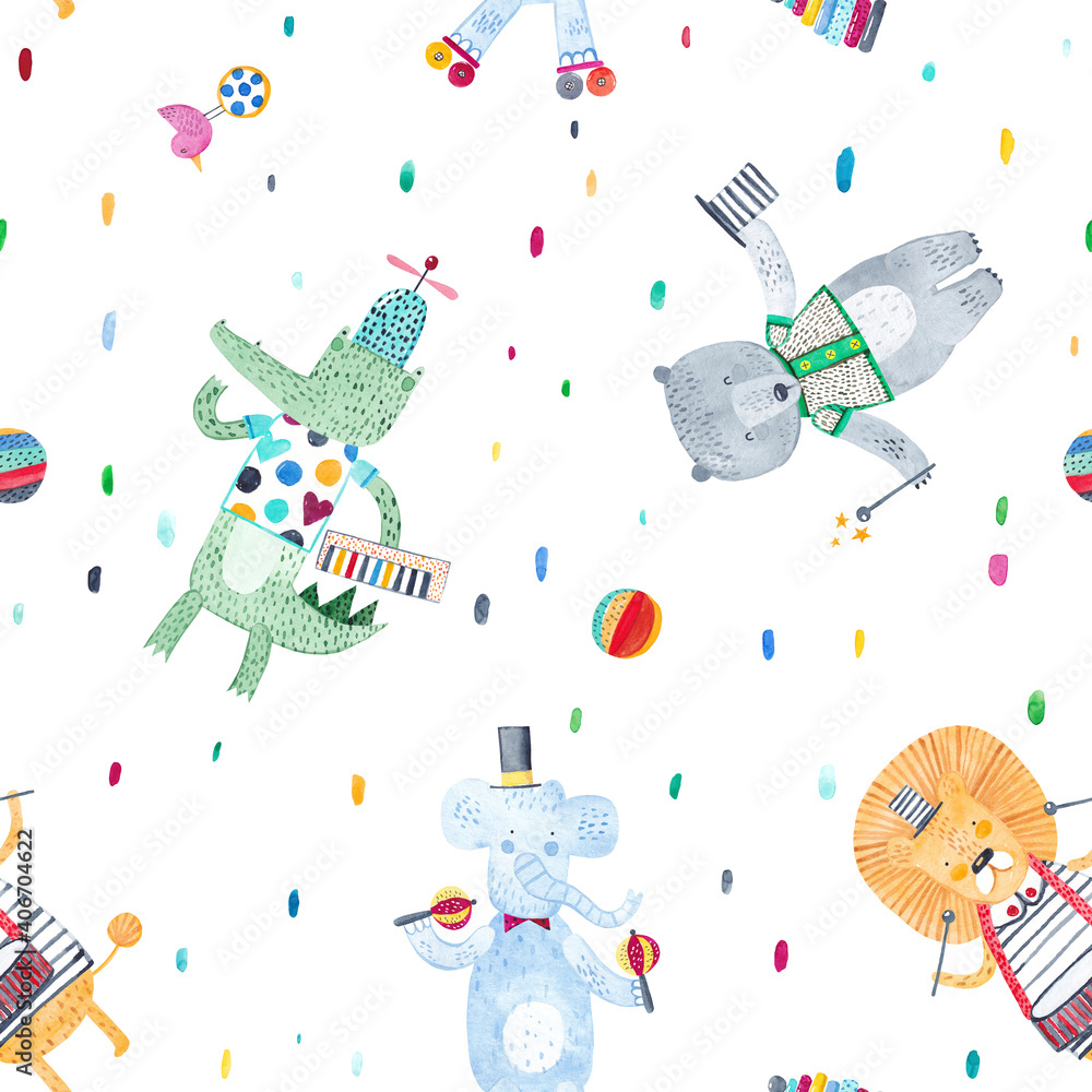 Funny animals with musical instruments. Watercolor seamless pattern