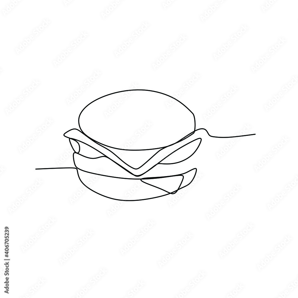 Cheese hamburger illustration. Continuous one line drawing Cheese hamburger illustration. Continuous one line drawing