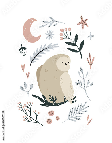 Creative poster with an owl sitting in the nest and forest elements.