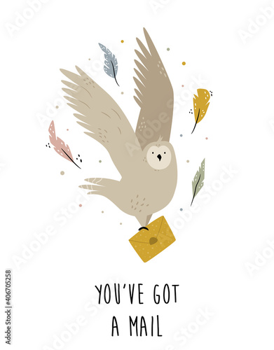 Creative poster with a flying owl and decorative elements.
