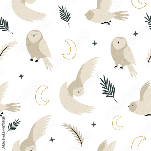 Seamless pattern with cute owls and hand drawn decorative elements