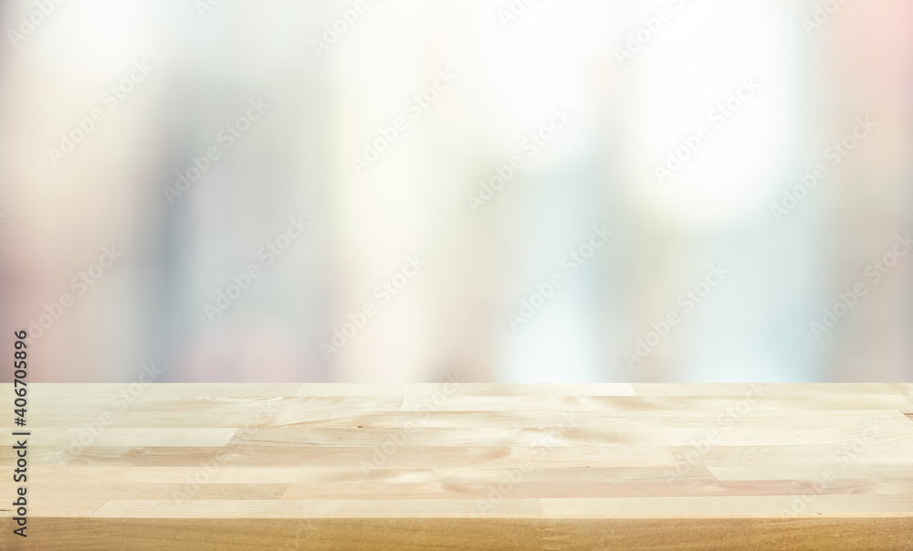 Wood table top on blur window glass,wall background - obrazy, fototapety, plakaty 