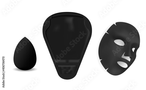 Facial Mask. Face mask sheet, beauty cosmetis pack. Black charcoal spa product isolated on white background. Skin moisture formula with collagen, 3d illustration blank. Disposable cleansing treatment