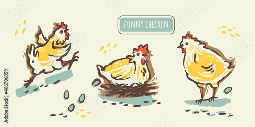 Cute cartoon chicken and hen with the inscription "Funny Chickens". Farm set with chicken and eggs. Illustration vector collection design.