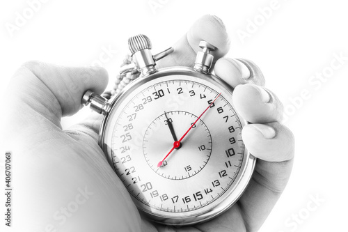 Stopwatch timekeeper and hand of a man photo