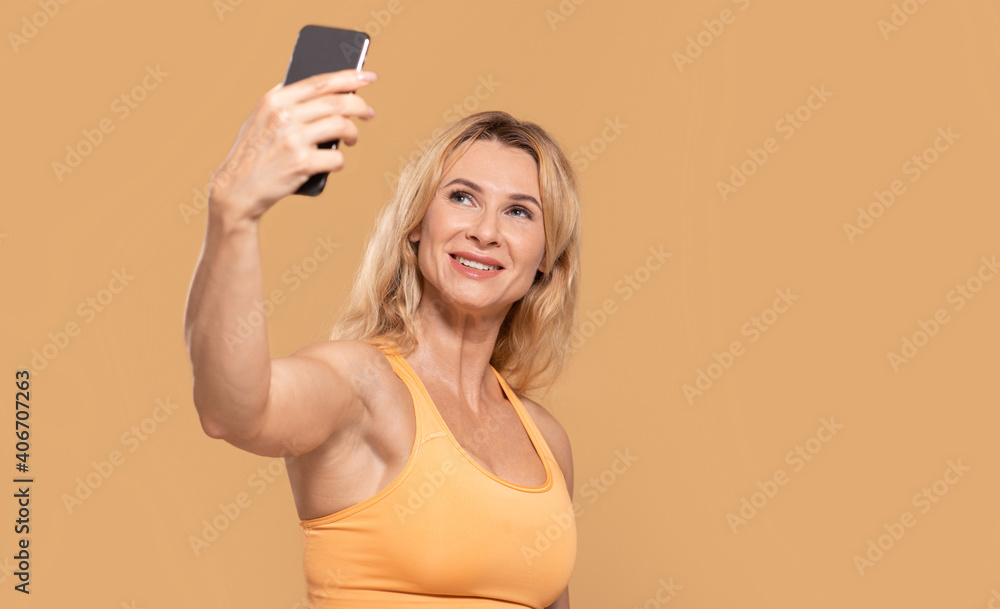 Workout streaming video or selfie from trainer blogger shot, free space Workout streaming video or selfie from trainer blogger shot, free space