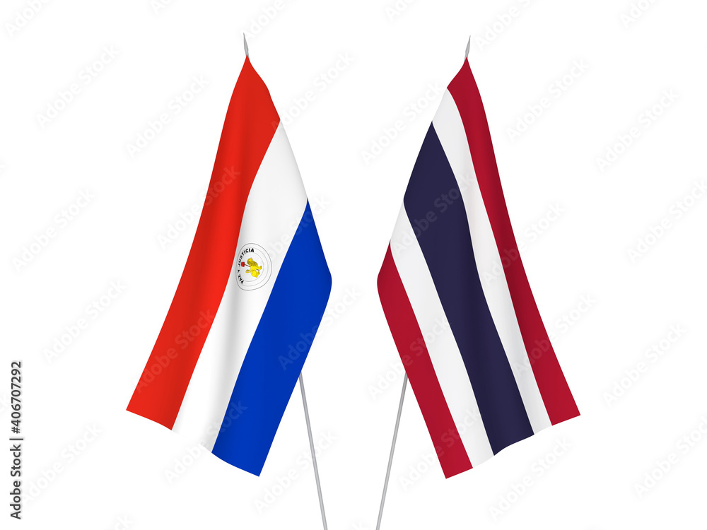 National fabric flags of Thailand and Paraguay isolated on white background. 3d rendering illustration.