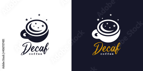 Premium decaf coffee cup logo. Decaffeinated espresso icon. Cafe moon and stars late night Latte hot drink sign. Vector illustration. photo