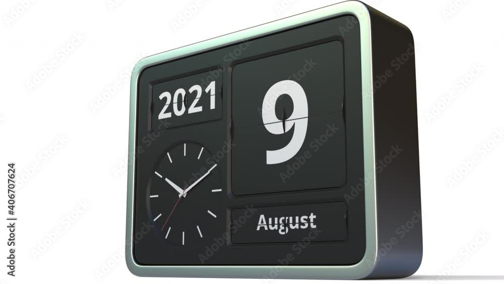 August 9 date on the retro flip clock calendar, 3d animation August 9 date on the retro flip clock calendar, 3d animation