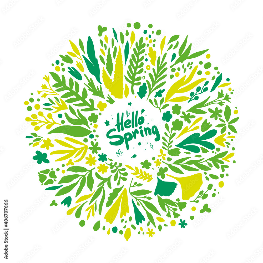 Hallo Spring wreath with leaves and flowers. round spring plants in green and yellow