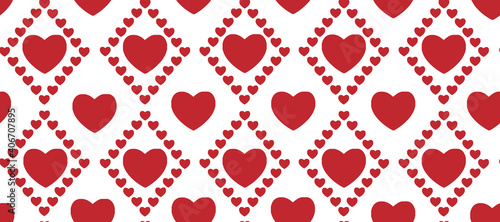 Seamless pattern with red hearts on a white background. Love symbol ornament minimalistic symmetrical romantic composition.
