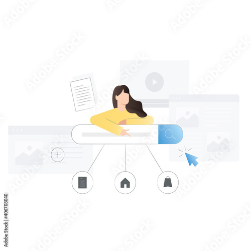 Vector woman points her finger to address bar, search engine, where to enter request in browser on Internet. Recommends actions on site in steps, instructions for use. Cursor clicks on web page.